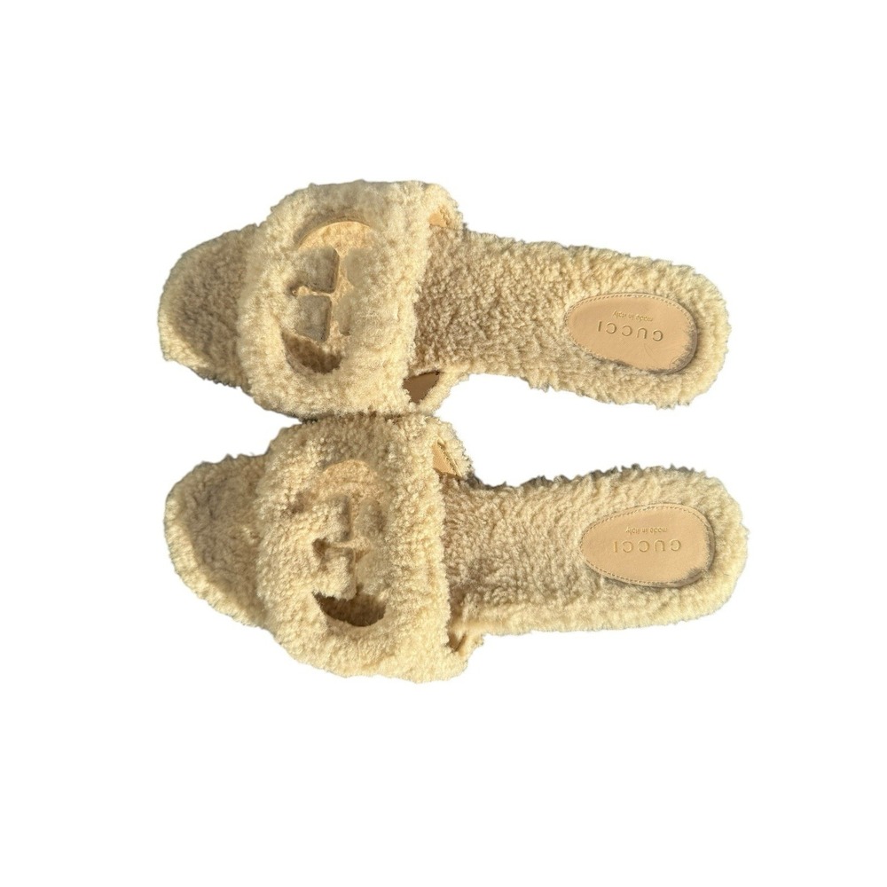 Gucci Interlocking G Fur Sandals Beige Shearling Slides Size EU 39.5 - Picture 4 of 8